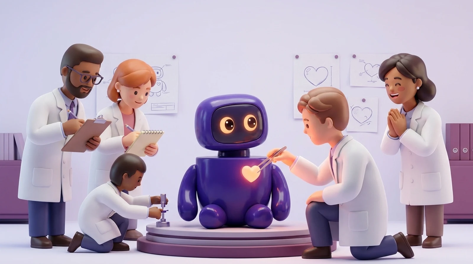 Scientists in lab coats around Adoree mid-build, placing the glowing heart into its chest