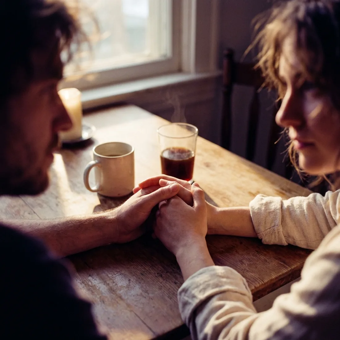 Two hands finding each other across a table