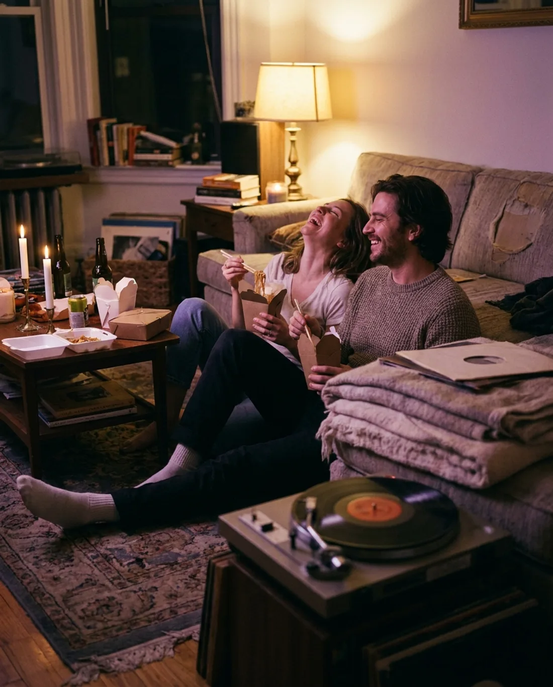 Takeout on the living-room floor, mid-laugh