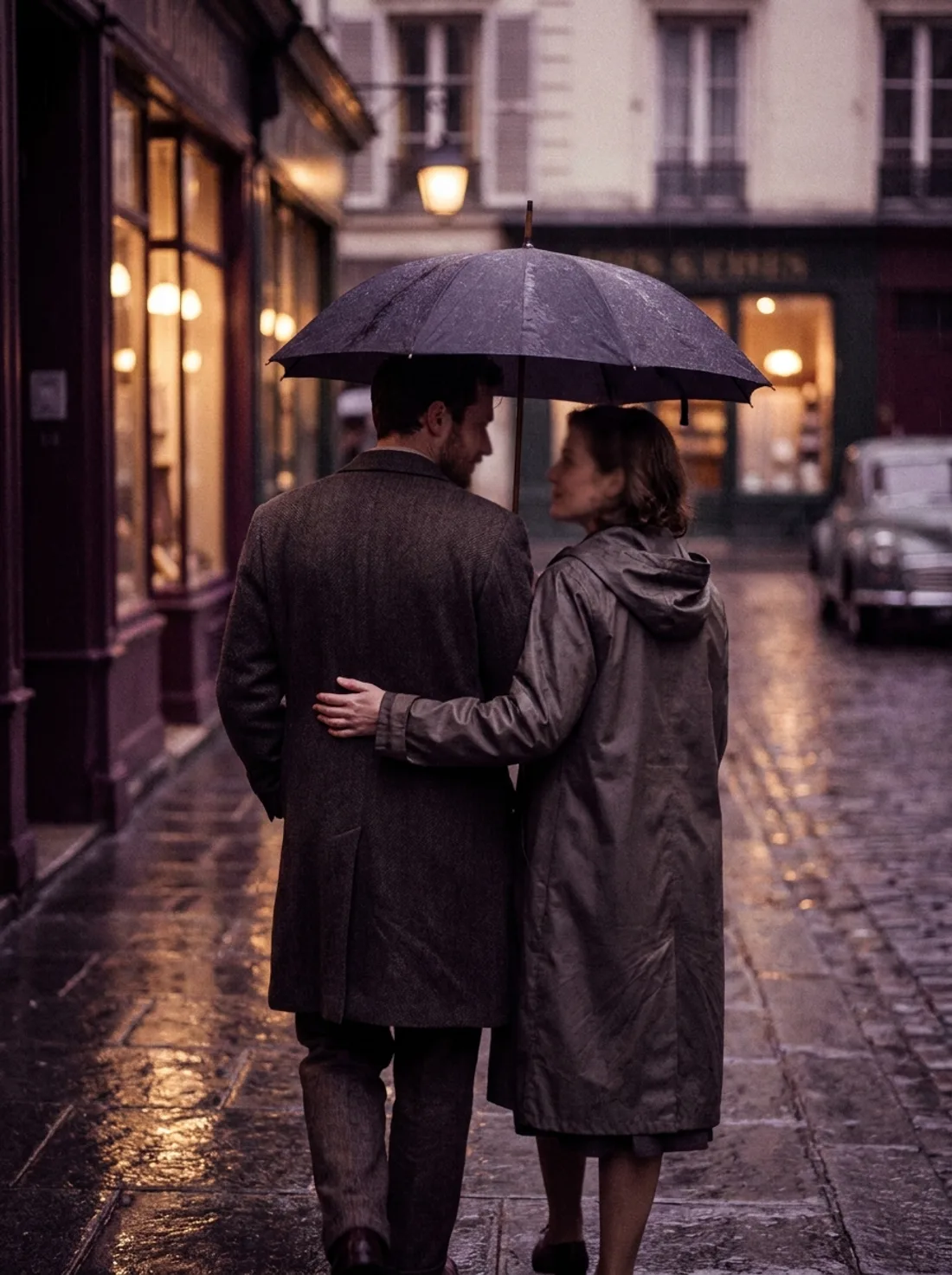 One umbrella, evening rain