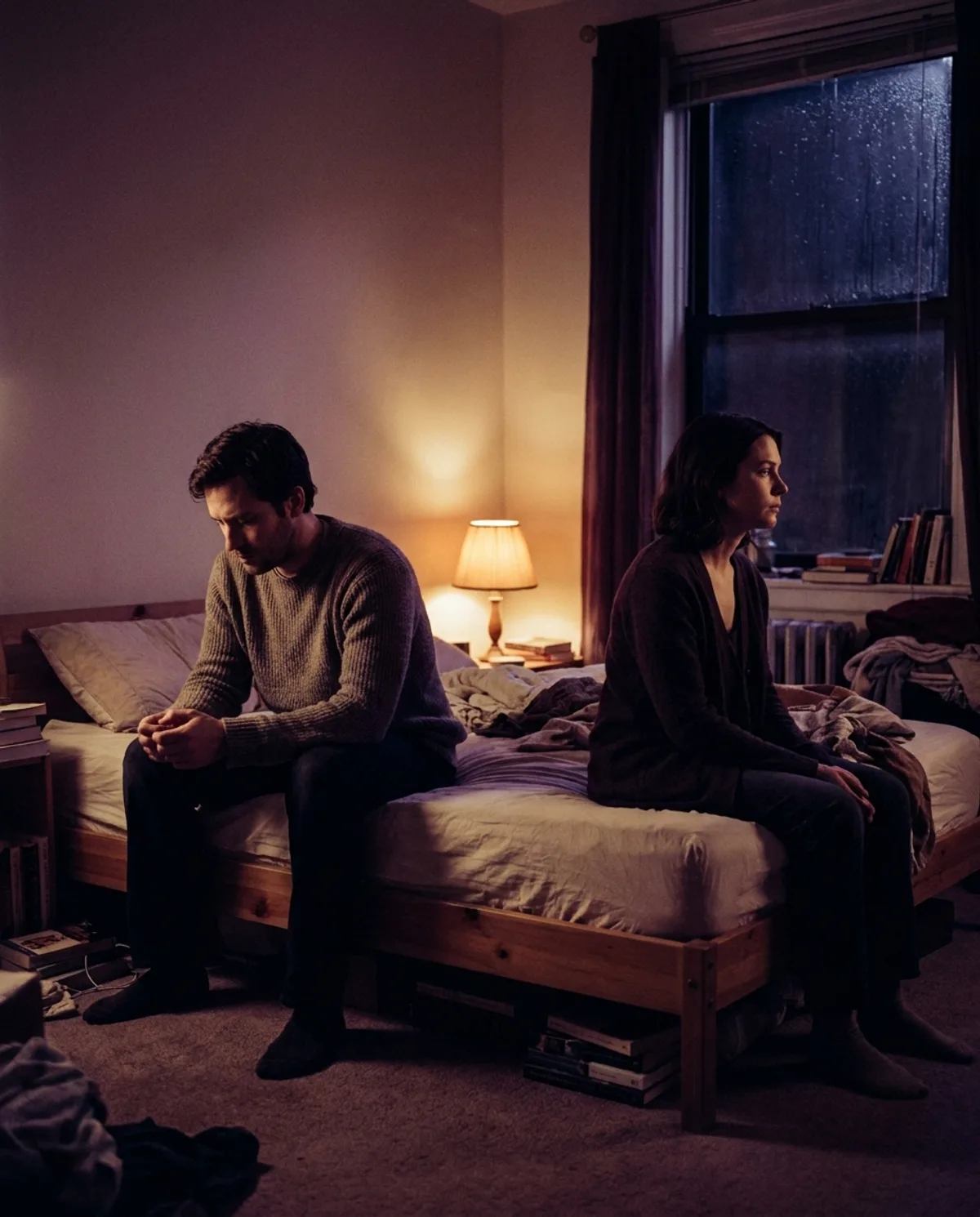 A couple sitting on opposite edges of the bed at 2 AM, backs to each other