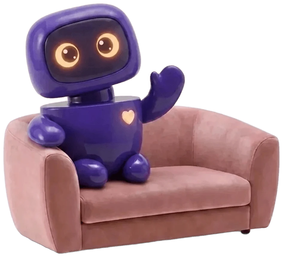 Adoree — a friendly purple robot on a pink couch, in the middle of a room of glowing screens
