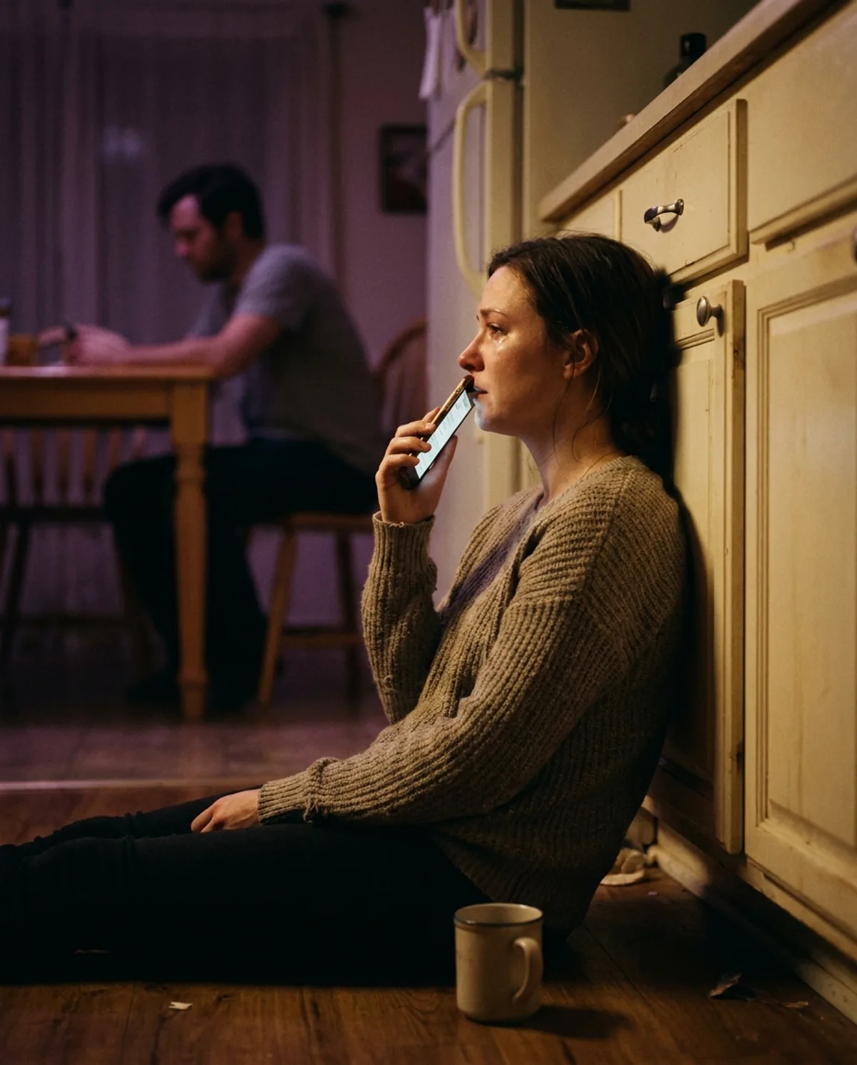 Her — on the kitchen floor at night, finally saying it out loud
